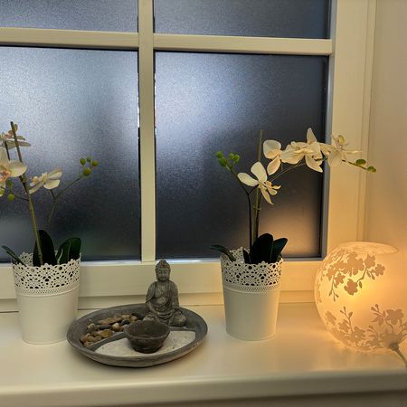 Fenster mit ein paar Blumen und Dekoration
